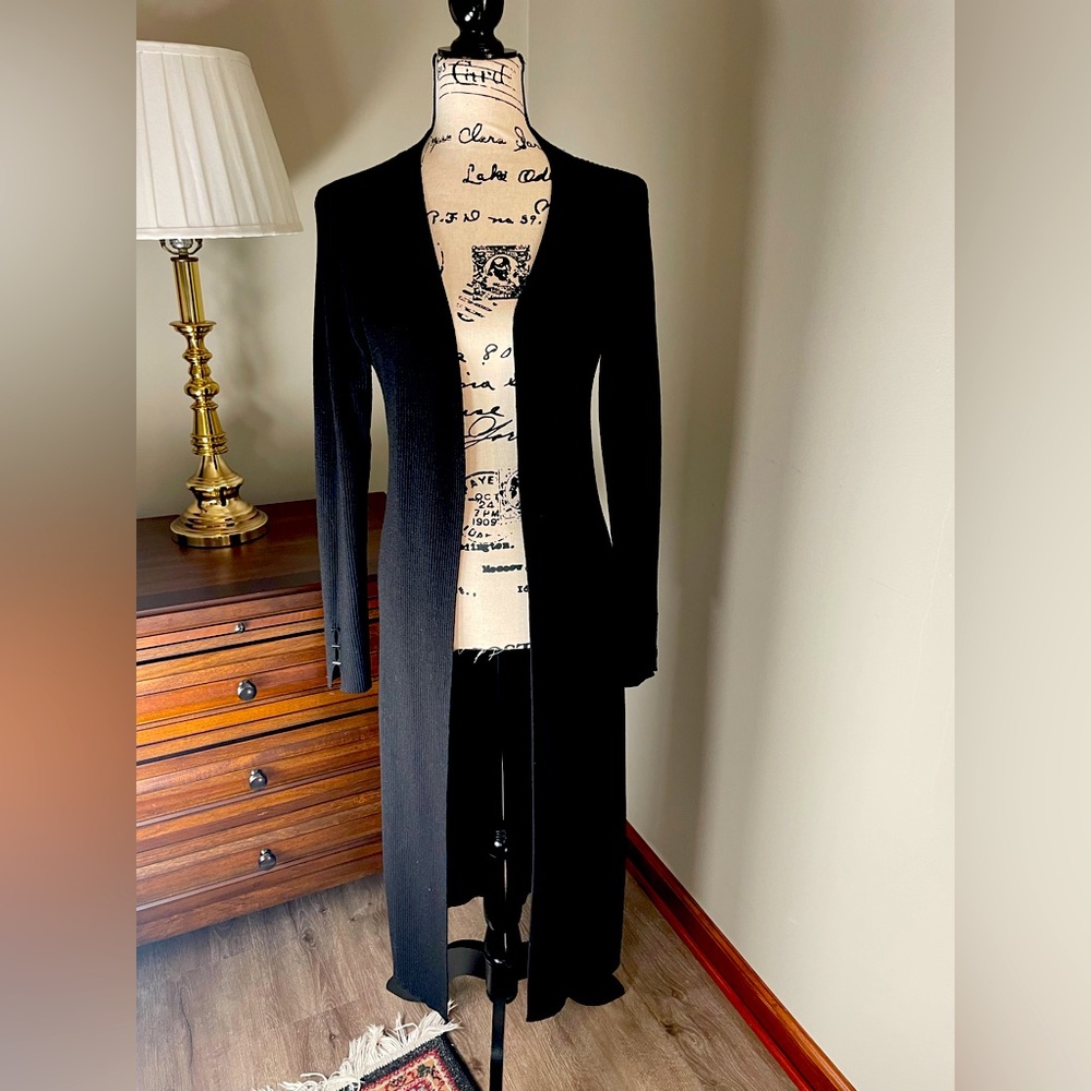 WHBM White House Black Market Long Black Cardigan Sweater Wool Blend S Small TTS